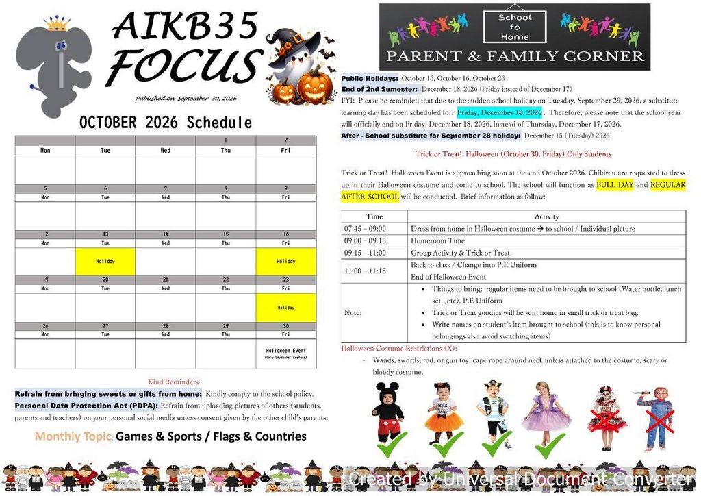 AIKB35 Focus October 2026 newsletter with school schedule and Halloween event information